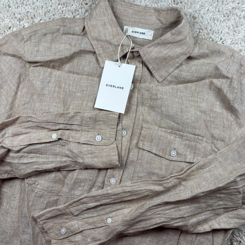 NWT Everlane Mens Linen Shirt S Tan Utility L/S Button Down Summer Coastal